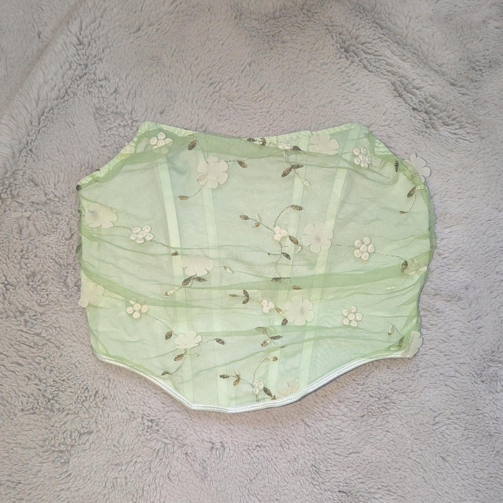 Shein Floral Mesh Corset Top — Light Green | Size Large